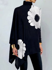 Asymmetric Floral Printed High Neck Long Sleeves Loose Split-Joint Casual T-Shirts Mssza
