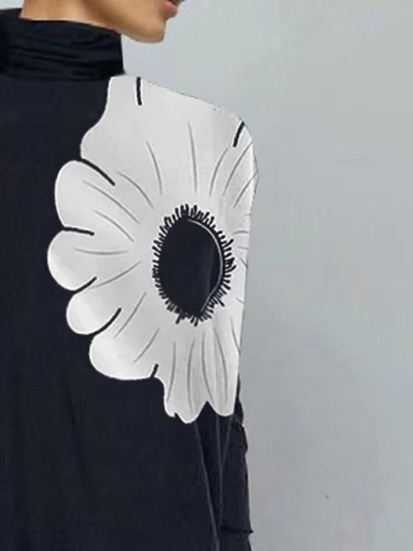 Asymmetric Floral Printed High Neck Long Sleeves Loose Split-Joint Casual T-Shirts Mssza