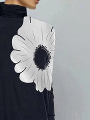 Asymmetric Floral Printed High Neck Long Sleeves Loose Split-Joint Casual T-Shirts Mssza