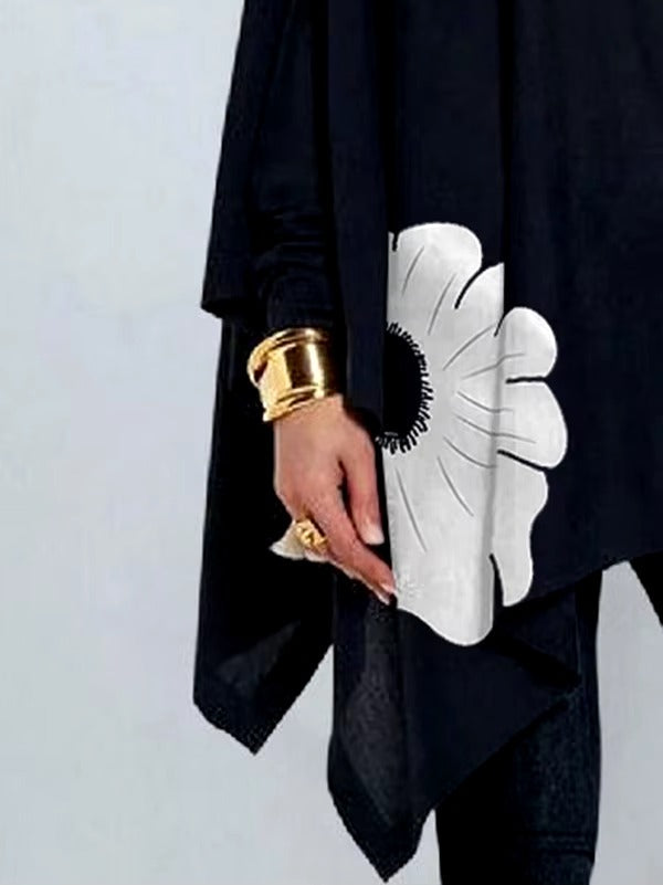 Asymmetric Floral Printed High Neck Long Sleeves Loose Split-Joint Casual T-Shirts Mssza