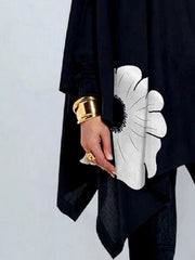 Asymmetric Floral Printed High Neck Long Sleeves Loose Split-Joint Casual T-Shirts Mssza
