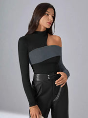 Asymmetrical Designed Neckline Long Sleeves Polyester Color Block Tees T Shirt Mssza
