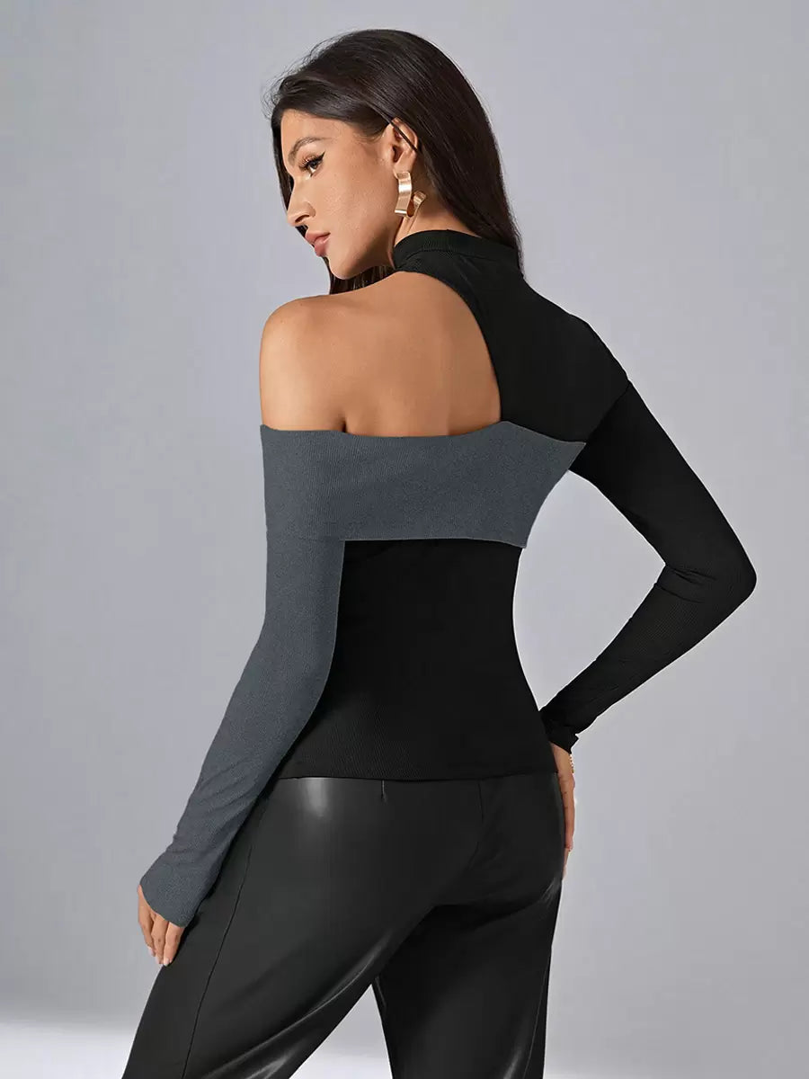 Asymmetrical Designed Neckline Long Sleeves Polyester Color Block Tees T Shirt Mssza