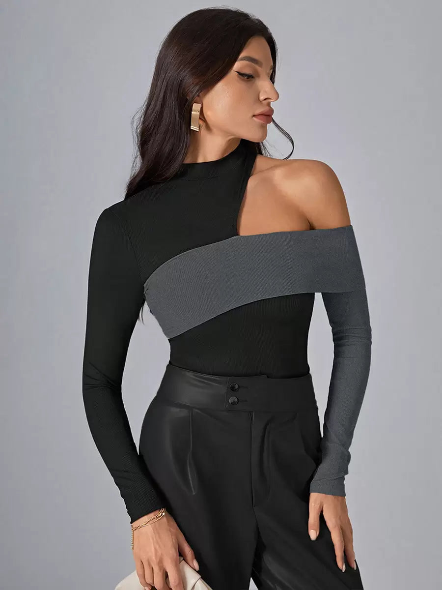 Asymmetrical Designed Neckline Long Sleeves Polyester Color Block Tees T Shirt Mssza