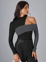 Asymmetrical Designed Neckline Long Sleeves Polyester Color Block Tees T Shirt Mssza