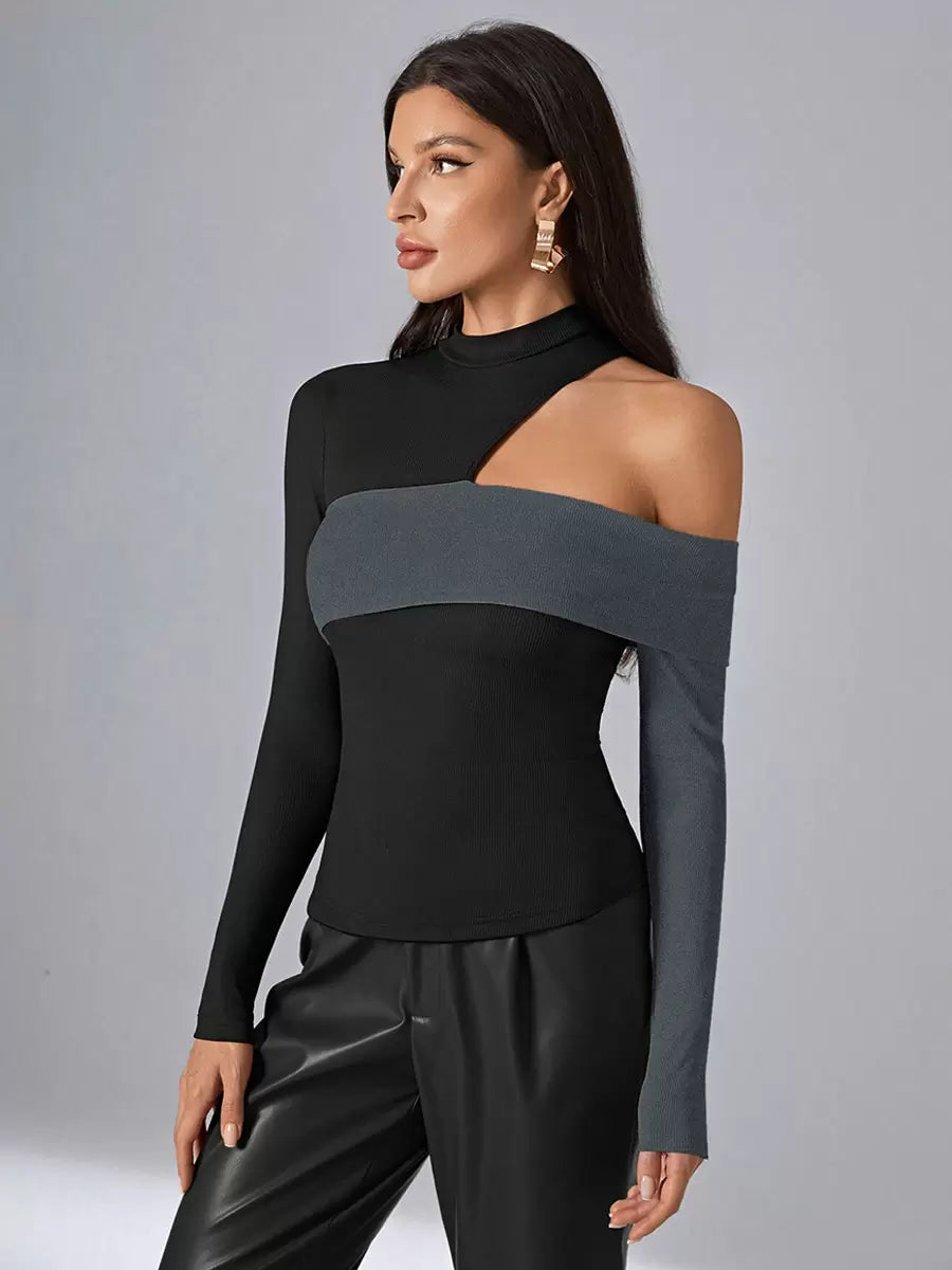 Asymmetrical Designed Neckline Long Sleeves Polyester Color Block Tees T Shirt Mssza