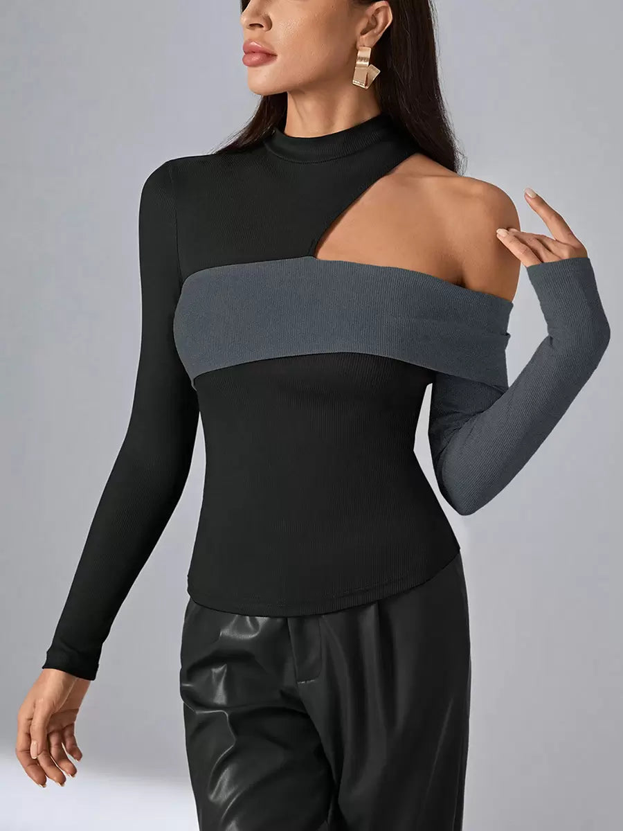 Asymmetrical Designed Neckline Long Sleeves Polyester Color Block Tees T Shirt Mssza