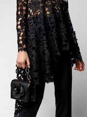 Asymmetrical Long Sleeve Irregular Floral Stand Collar Loose Blouse Mssza