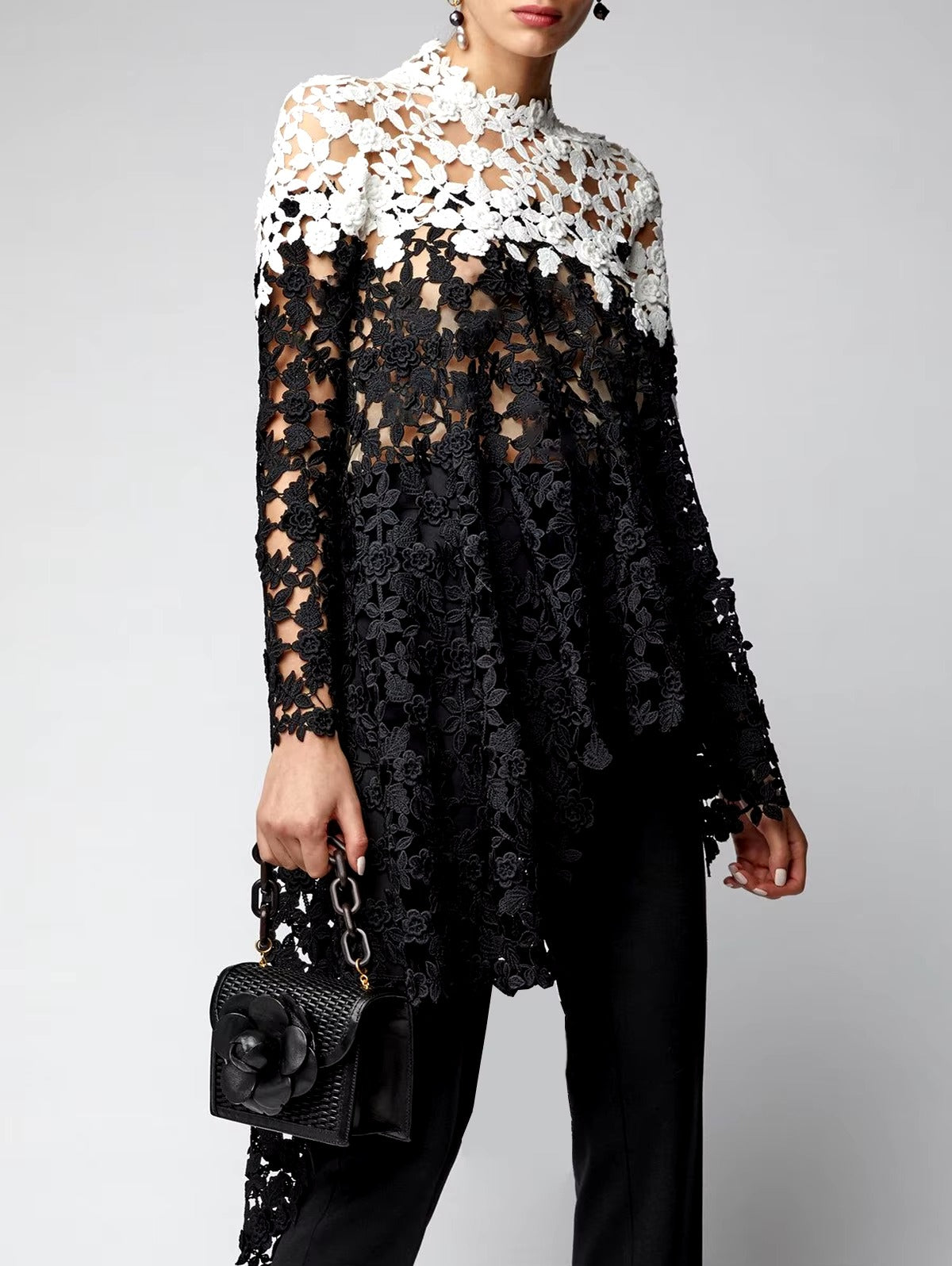 Asymmetrical Long Sleeve Irregular Floral Stand Collar Loose Blouse Mssza