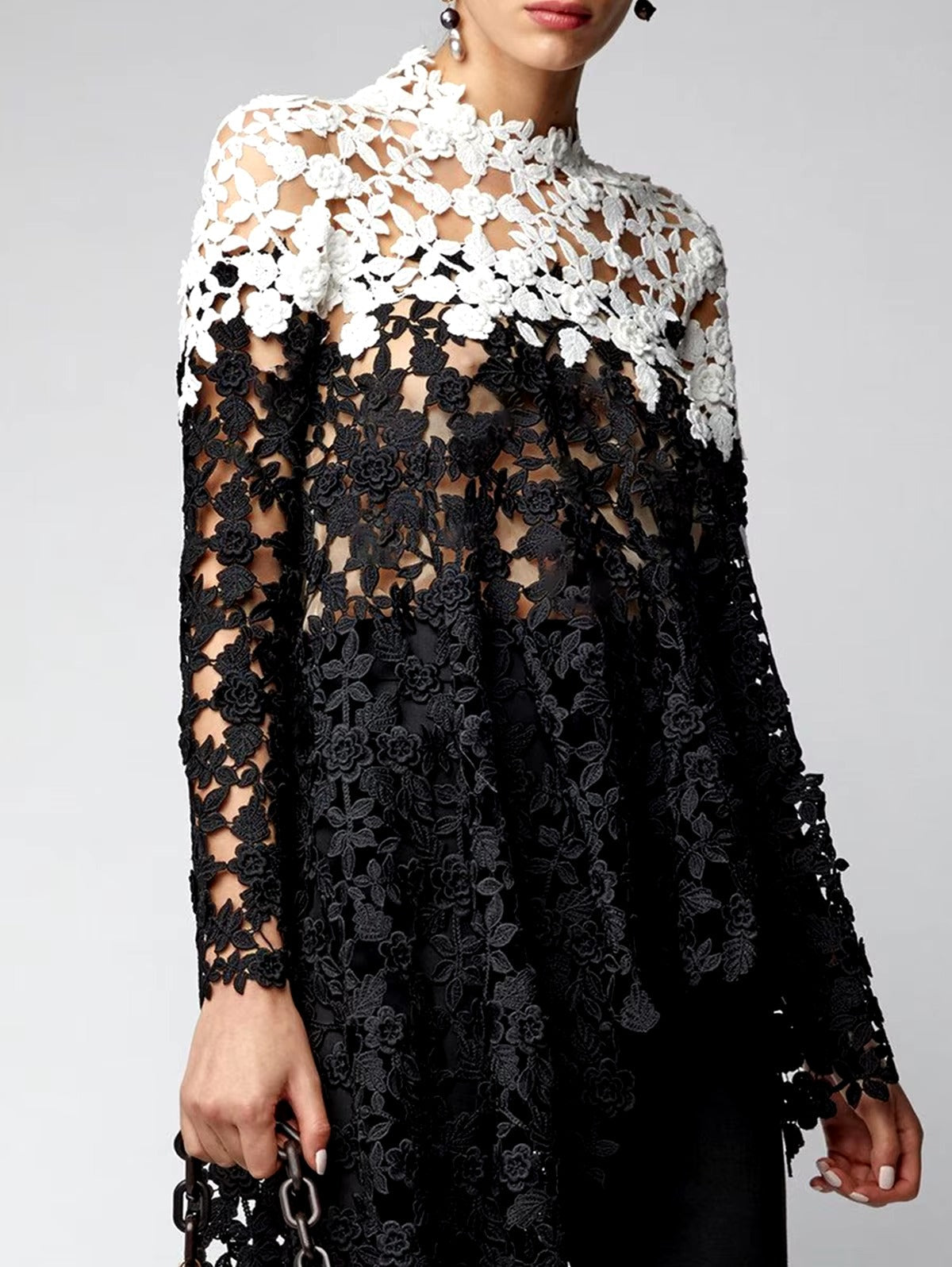 Asymmetrical Long Sleeve Irregular Floral Stand Collar Loose Blouse Mssza