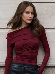 Asymmetrical One Shoulder Long Sleeve Pleated Crop Top Mssza