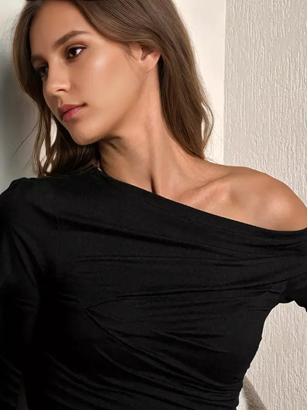 Asymmetrical One Shoulder Long Sleeve Pleated Crop Top Mssza