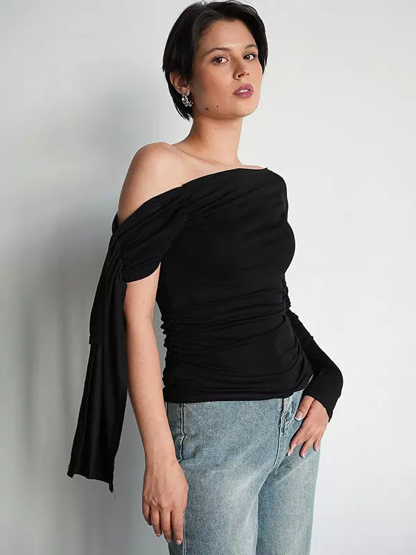 Asymmetrical One Shoulder Long Sleeve Ruched Tops Mssza