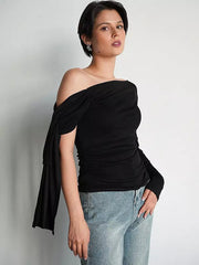 Asymmetrical One Shoulder Long Sleeve Ruched Tops Mssza