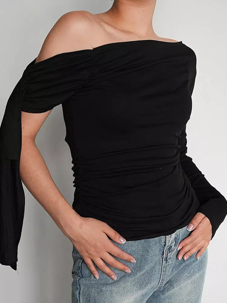 Asymmetrical One Shoulder Long Sleeve Ruched Tops Mssza