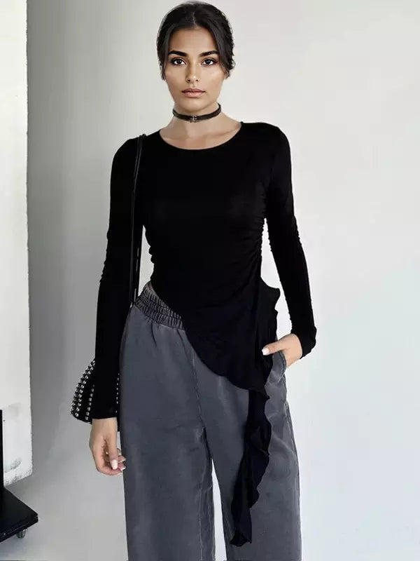 Asymmetrical Ruffle Hem Ruched Long Sleeve Crop Top Mssza