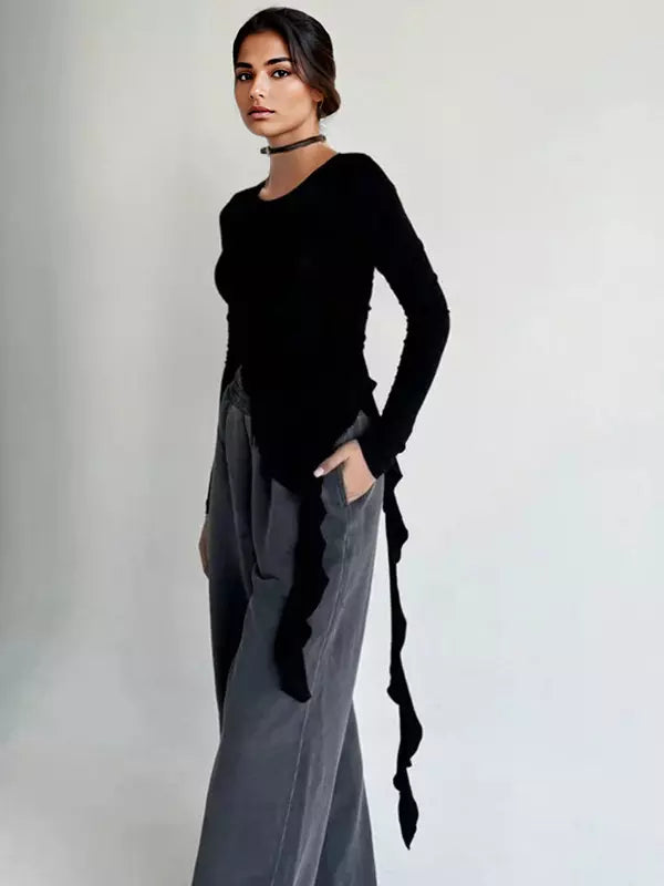 Asymmetrical Ruffle Hem Ruched Long Sleeve Crop Top Mssza