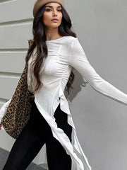 Asymmetrical Ruffle Hem Ruched Long Sleeve Crop Top Mssza