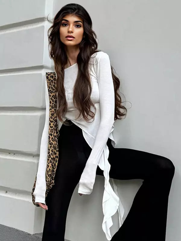 Asymmetrical Ruffle Hem Ruched Long Sleeve Crop Top Mssza