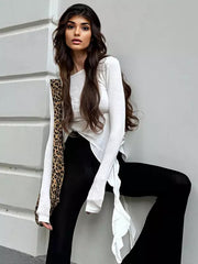 Asymmetrical Ruffle Hem Ruched Long Sleeve Crop Top Mssza