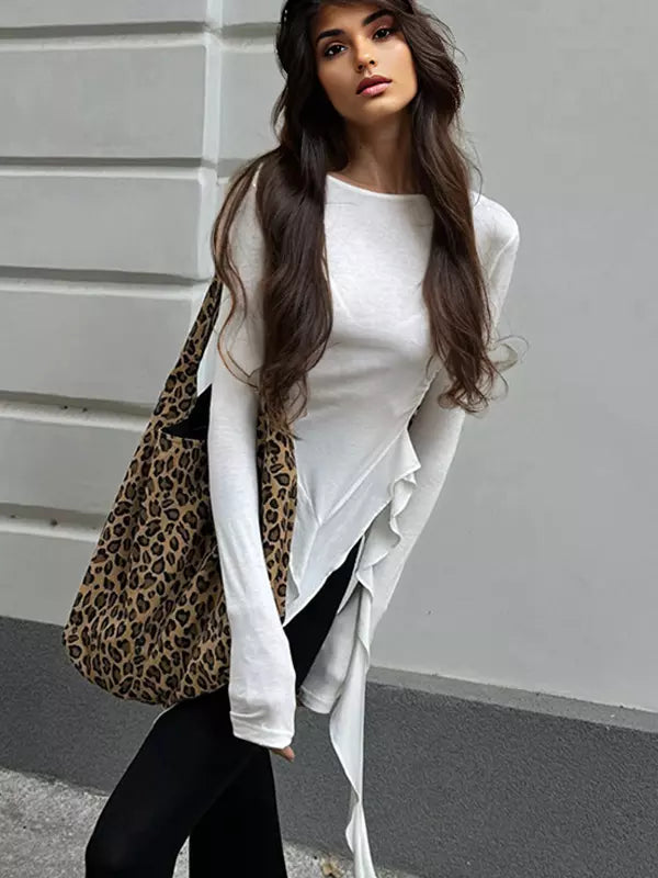 Asymmetrical Ruffle Hem Ruched Long Sleeve Crop Top Mssza