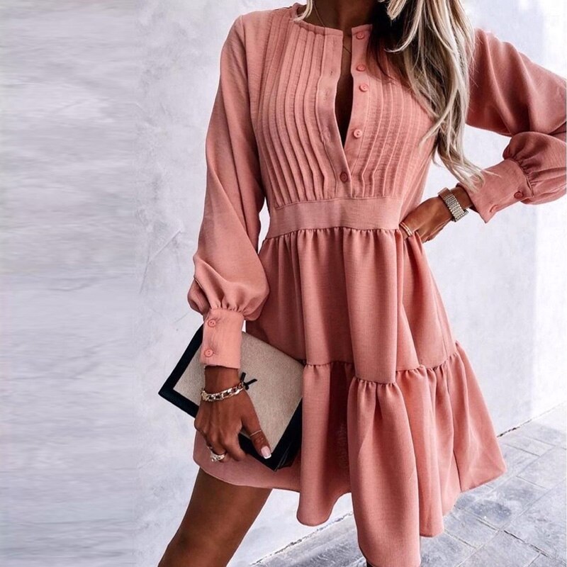 O Neck Button Draped Party A-Line Mini Dress Mssaz Desses