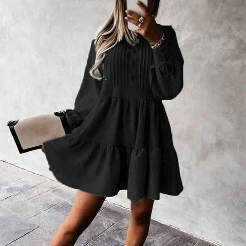 O Neck Button Draped Party A-Line Mini Dress Mssaz Desses