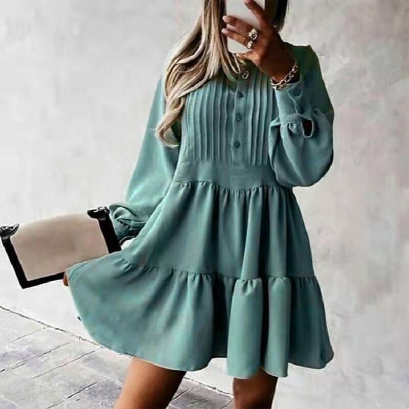 O Neck Button Draped Party A-Line Mini Dress Mssaz Desses
