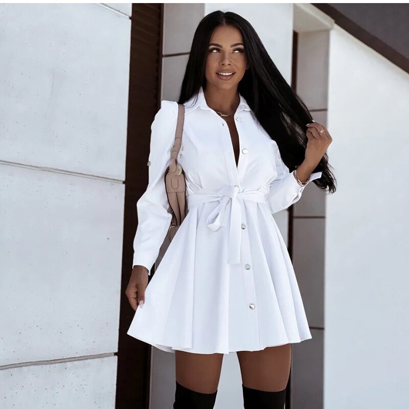 Causal Turn-down Collar Long Sleeve Lace Up Button Dress Mssaz Desses