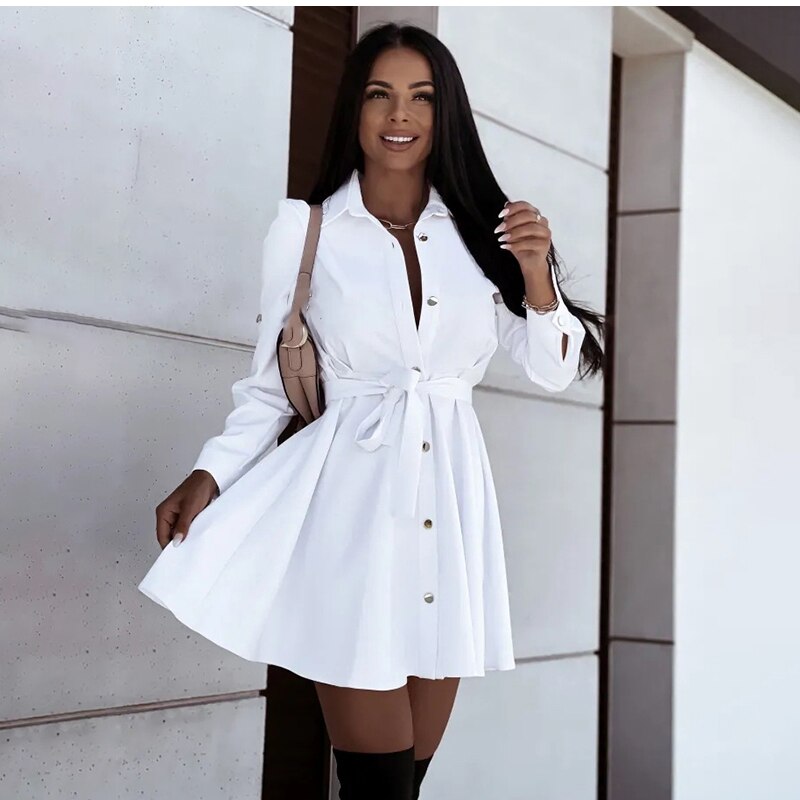 Causal Turn-down Collar Long Sleeve Lace Up Button Dress Mssaz Desses
