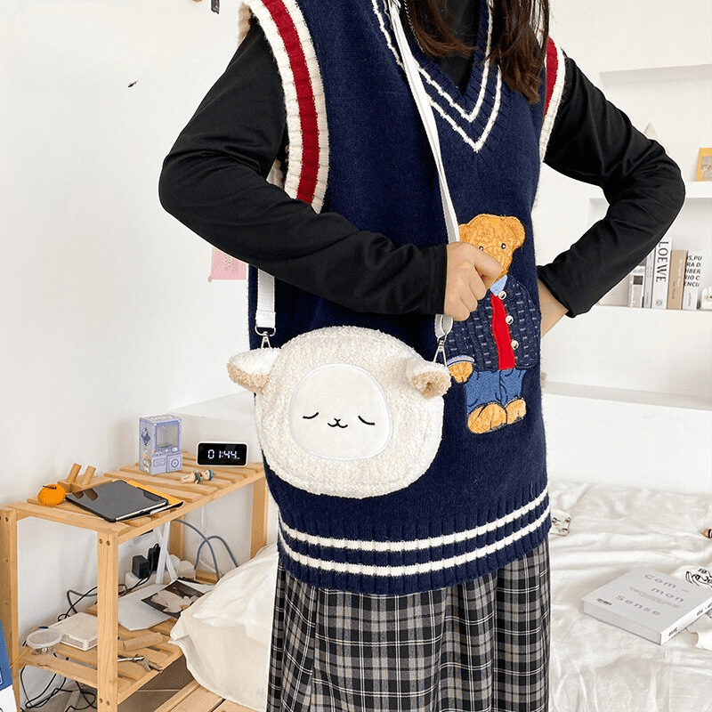 Autumn and winter new cute ugly soft girl plush small bag funny cat bear sheep bag shoulder messenger bag Mssza