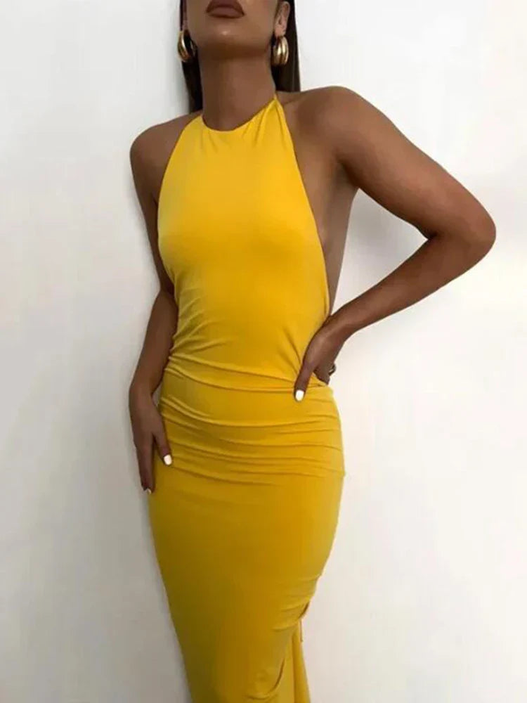 Slim Fit Large Open Back Strap Dress Pleated  Maxi Dress Mssaz Desses