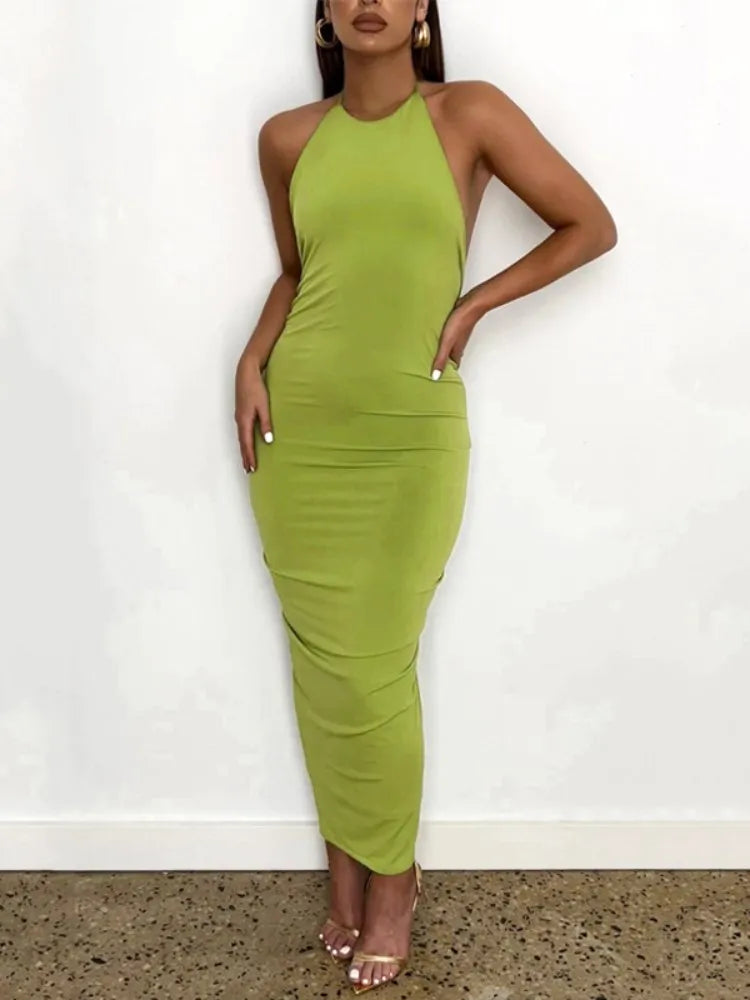 Slim Fit Large Open Back Strap Dress Pleated  Maxi Dress Mssaz Desses