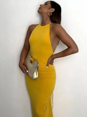 Slim Fit Large Open Back Strap Dress Pleated  Maxi Dress Mssaz Desses