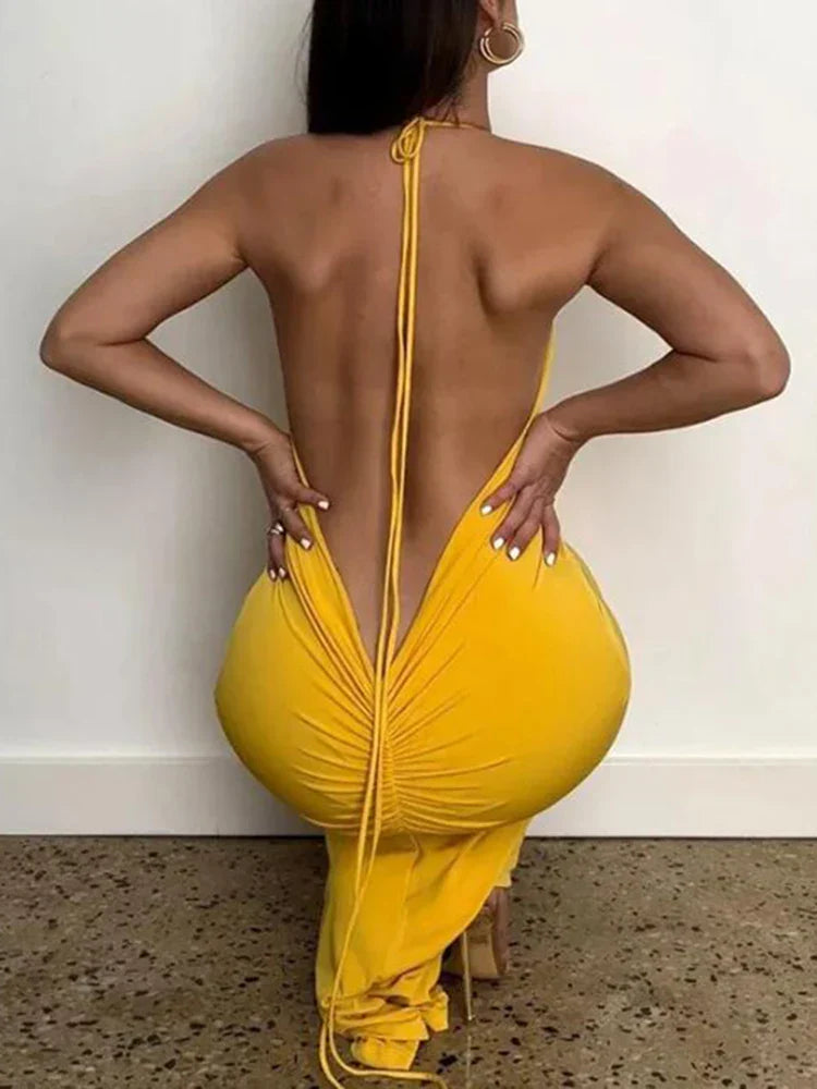 Slim Fit Large Open Back Strap Dress Pleated  Maxi Dress Mssaz Desses