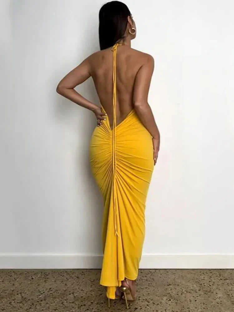 Slim Fit Large Open Back Strap Dress Pleated  Maxi Dress Mssaz Desses