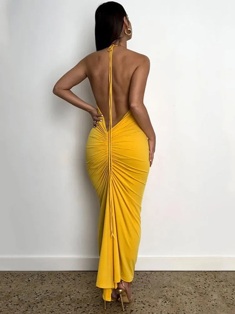 Slim Fit Large Open Back Strap Dress Pleated  Maxi Dress Mssaz Desses
