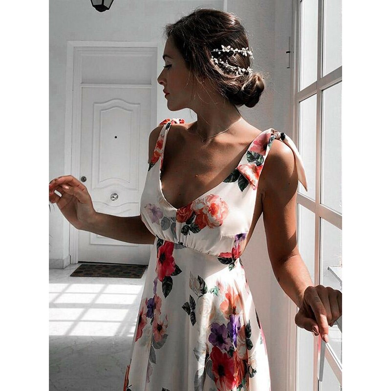 Floral Print Vacation Sleeveless V-Neck Backless Beach Dress Mssaz Desses