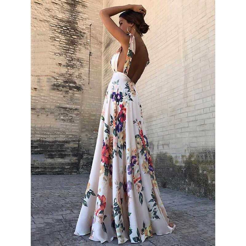 Floral Print Vacation Sleeveless V-Neck Backless Beach Dress Mssaz Desses