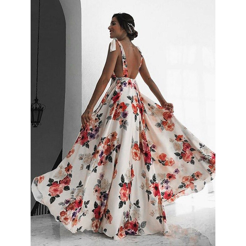Floral Print Vacation Sleeveless V-Neck Backless Beach Dress Mssaz Desses