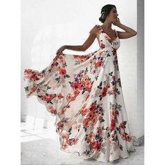 Floral Print Vacation Sleeveless V-Neck Backless Beach Dress Mssaz Desses