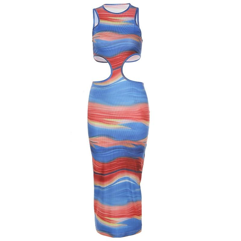 Colorful Print Vacation Long Dresses Cut Out Sleeveless Bodycon Dress Mssaz Desses