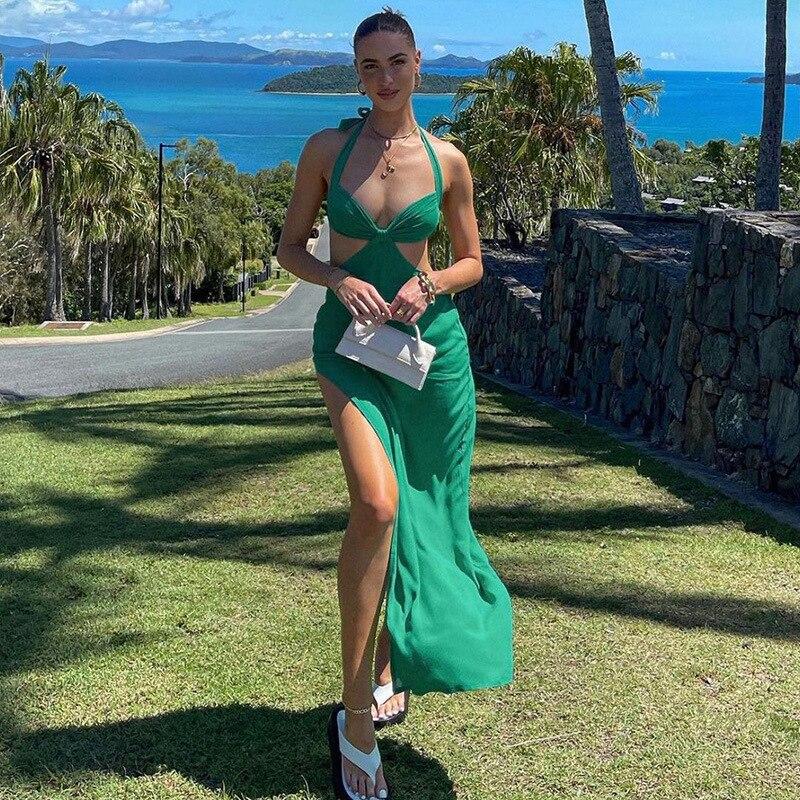 Solid  Open Back Halter Split Maxi Dress Mssaz Desses