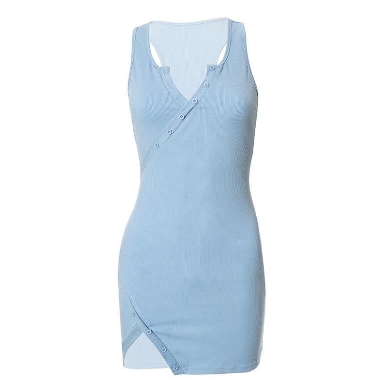Split Button Sleeveless V Neck Bodycon Mini Dress Mssaz Desses