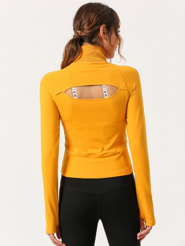 Back Hollow Out High Neck Zipper Yoga Sports T Shirt Mssza