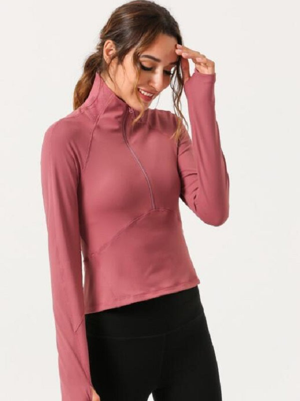 Back Hollow Out High Neck Zipper Yoga Sports T Shirt Mssza