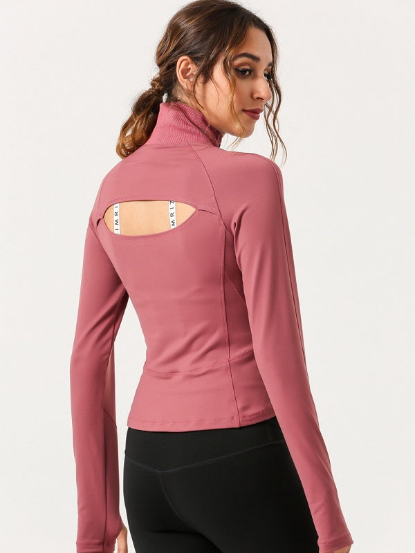 Back Hollow Out High Neck Zipper Yoga Sports T Shirt Mssza