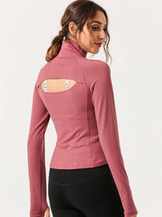 Back Hollow Out High Neck Zipper Yoga Sports T Shirt Mssza
