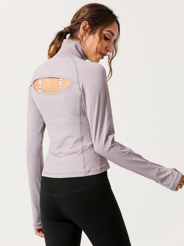 Back Hollow Out High Neck Zipper Yoga Sports T Shirt Mssza