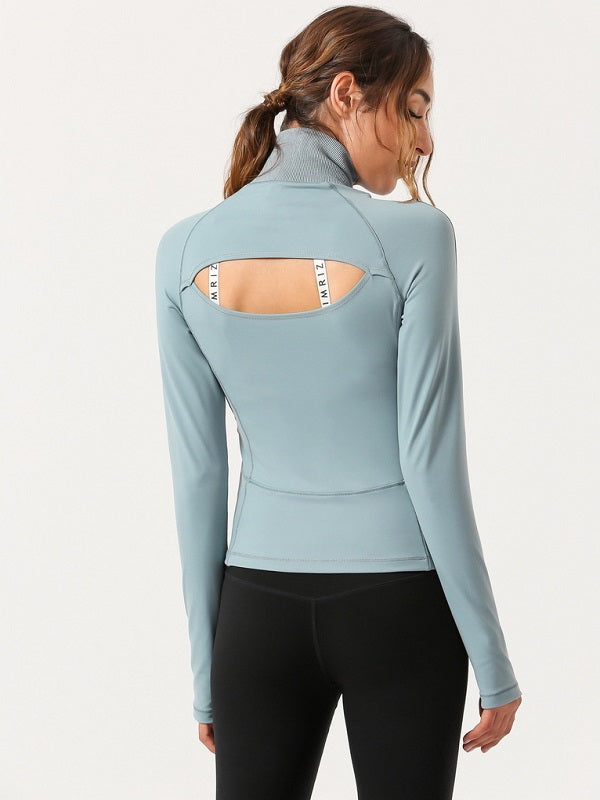 Back Hollow Out High Neck Zipper Yoga Sports T Shirt Mssza